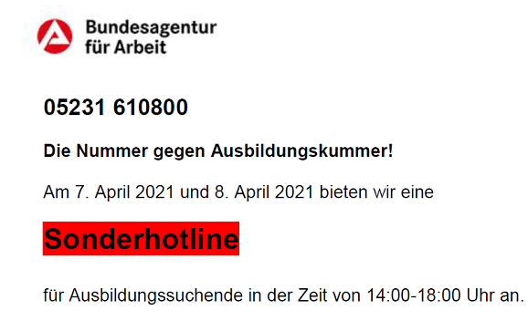 Sonderhotline der Bundesagentur für Arbeit für Ausbildungssuchende